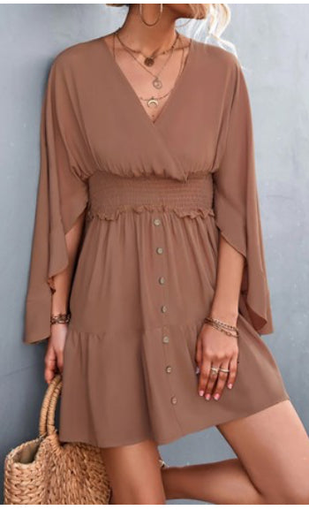 Brown button down cloak sleeve dress