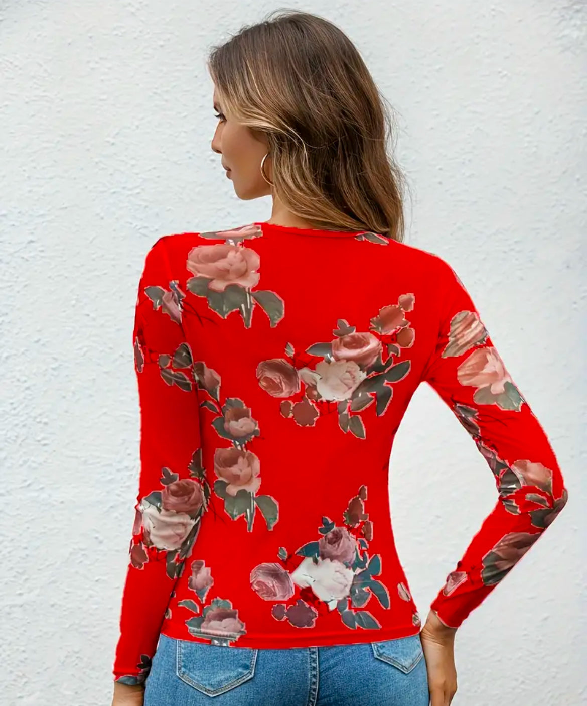 Red Floral Sheer Long Sleeve