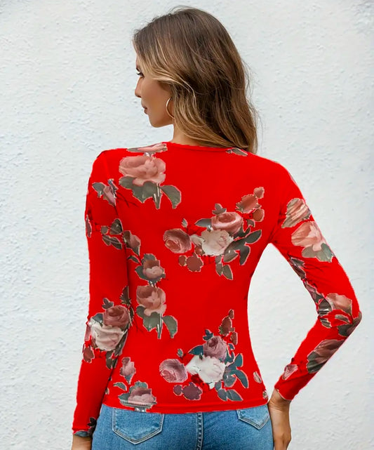 Red Floral Sheer Long Sleeve