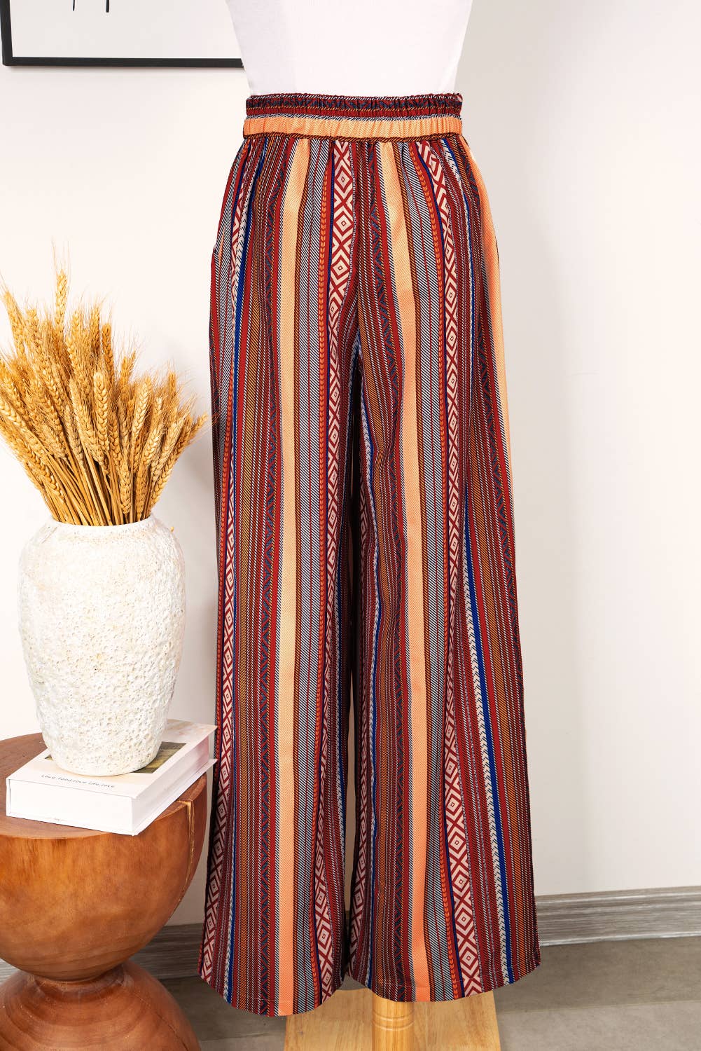 Fashion-W Boho Ethnic Striped Print Tie Waist Wide Leg Pants