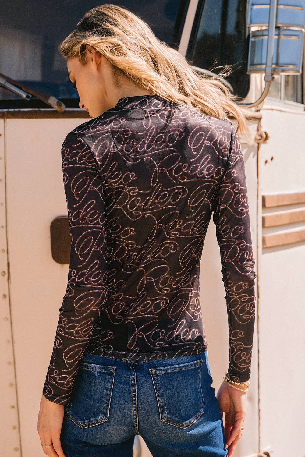 Fall Western Rodeo Mock Neck Long Sleeve Mesh Top