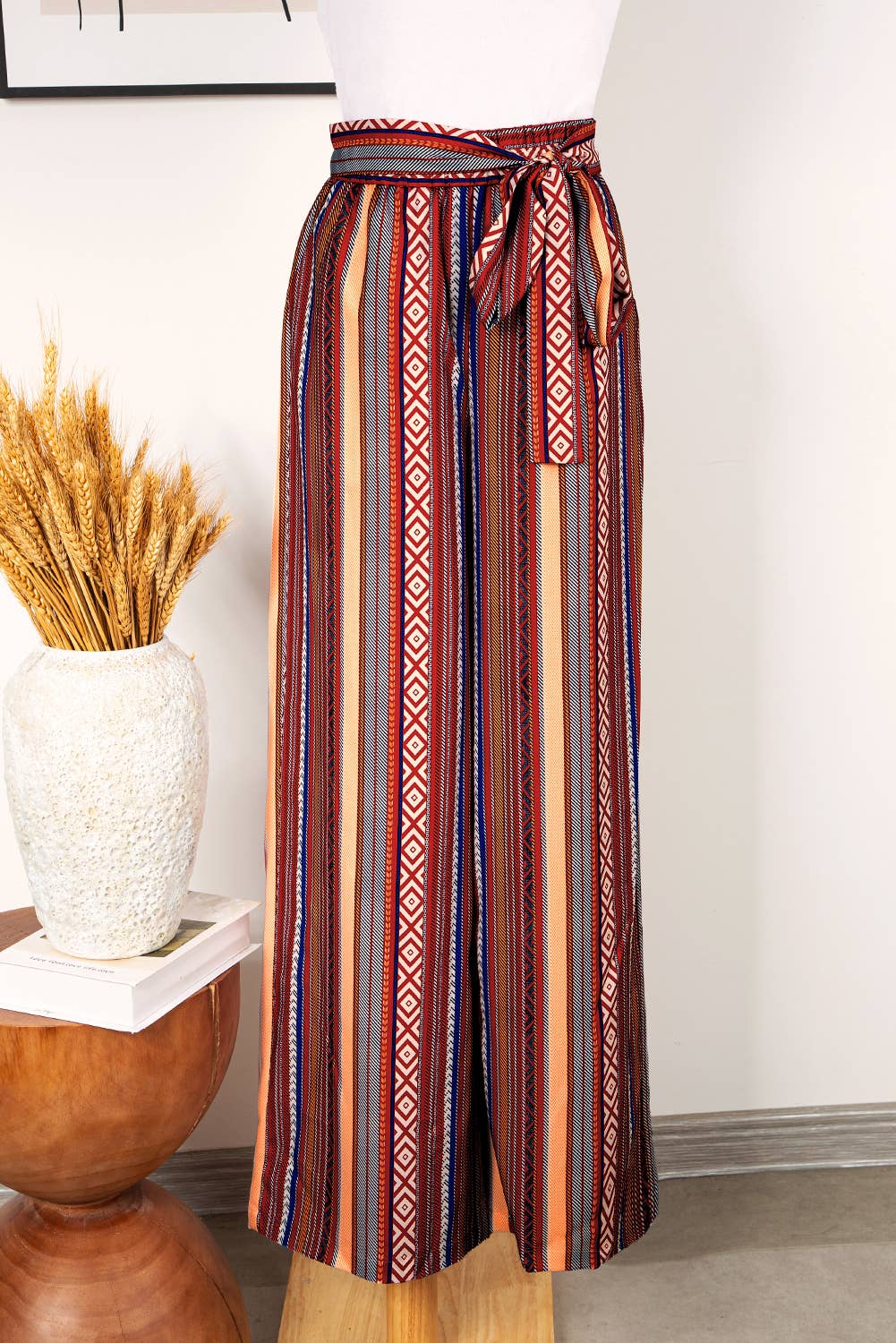 Fashion-W Boho Ethnic Striped Print Tie Waist Wide Leg Pants