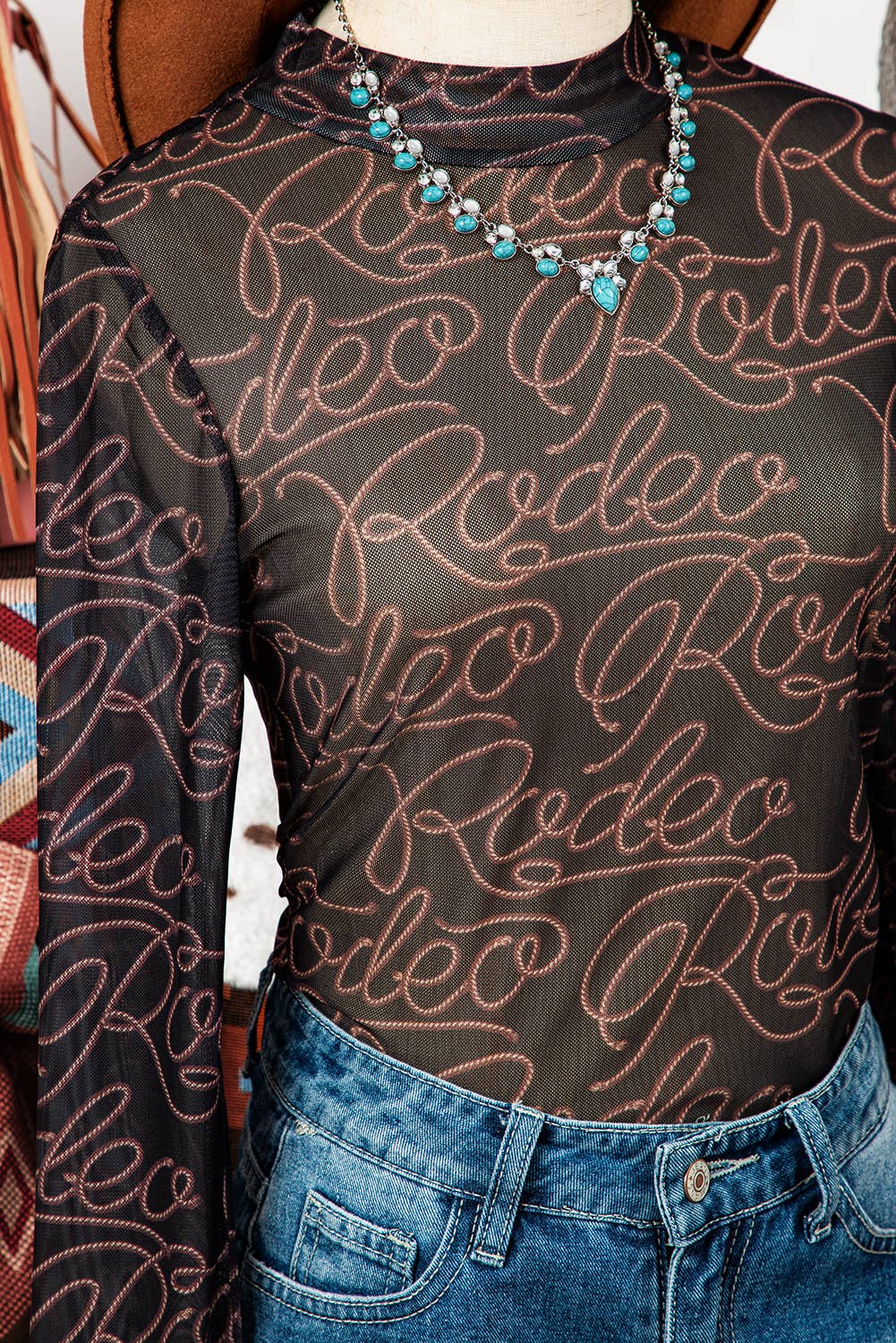 Fall Western Rodeo Mock Neck Long Sleeve Mesh Top