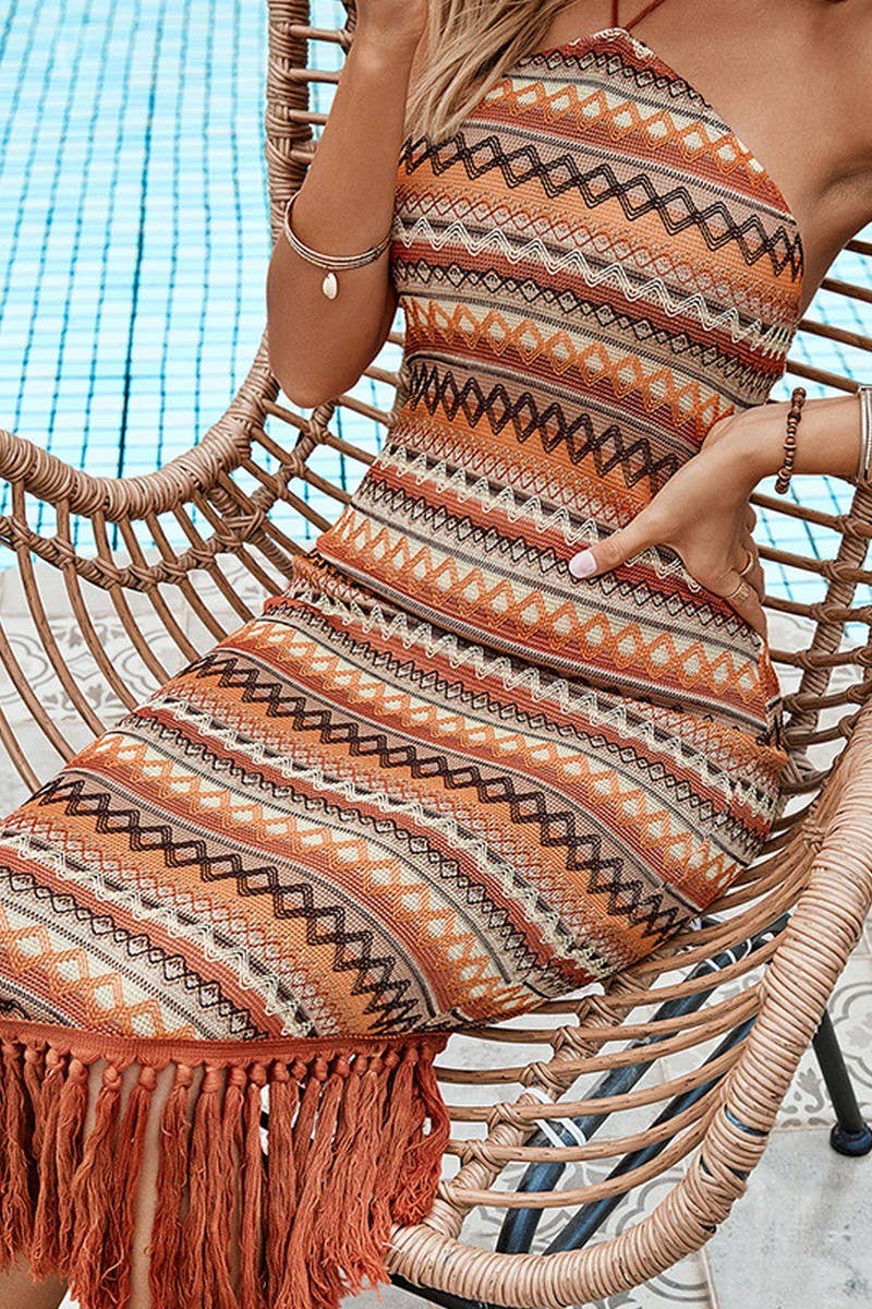 BOHEMIAN SLIMFITTING HALTER DRESS WITH FRINGE