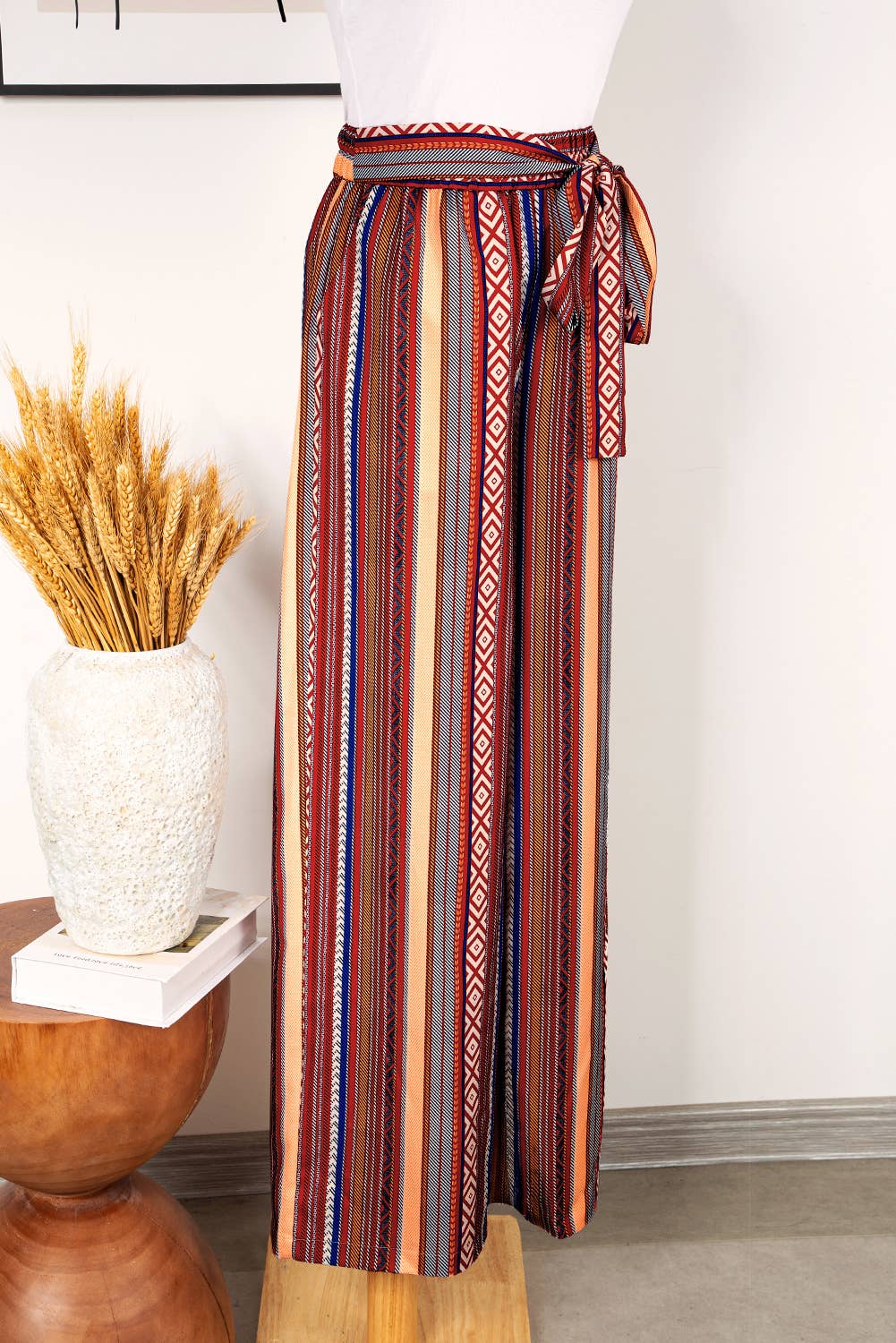 Fashion-W Boho Ethnic Striped Print Tie Waist Wide Leg Pants