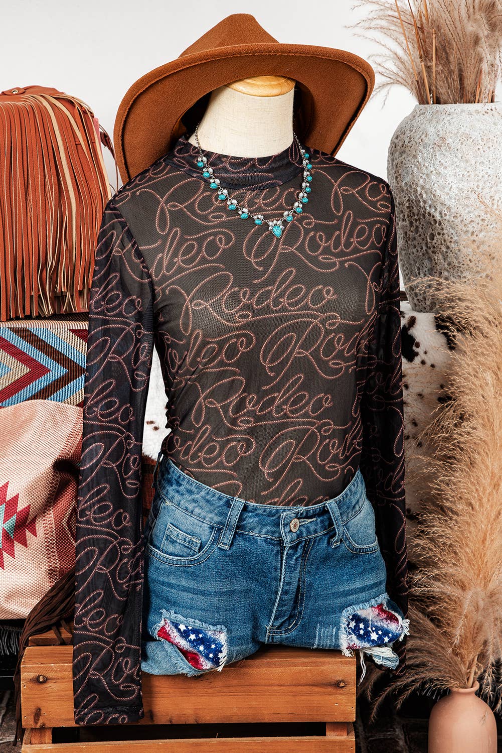 Fall Western Rodeo Mock Neck Long Sleeve Mesh Top